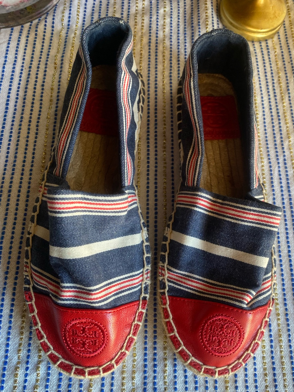 Tory Burch Red Blue White Stripe Cap Toe Colorblock Leather Espadrilles Sz 5 NEW